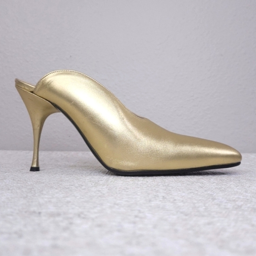 Vintage FREE LANCE Paris Mules Metallic Gold Leather Stiletto Heels Pumps EU 38 - Picture 3 of 12